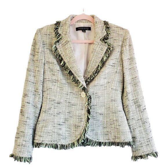 Anne Klein Green Tweed Fringe Blazer with Skirt 2pc set sz 2 XS Vintage - Picture 1 of 3